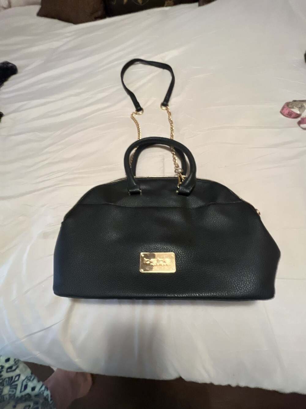 Bebe Black Satchel Handbag With Gold Chain Strap